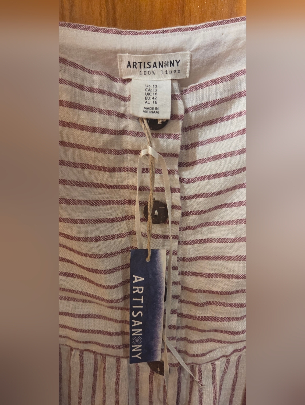 NWT Artisan NY 100% Linen Striped Beige Button-Front Midi Dress w/pockets Sz 12 - Picture 3 of 4